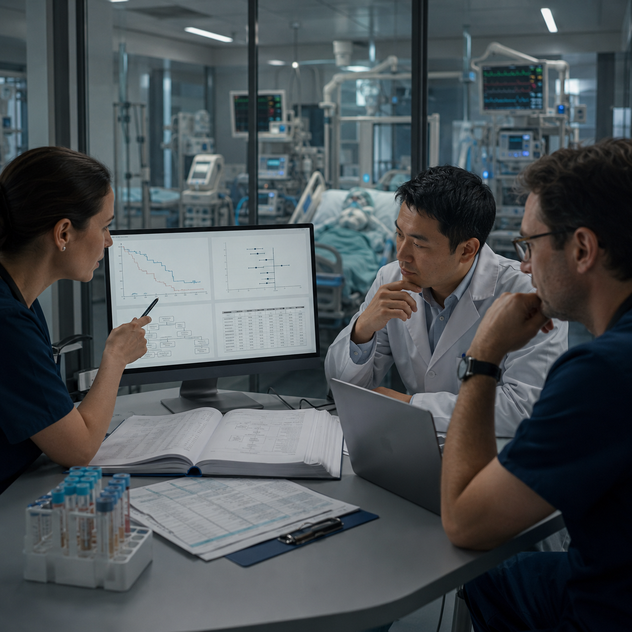 ICU clinical research team reviewing trial results and study data